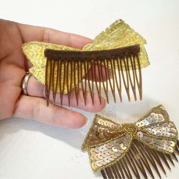 Set of Two Vintage Hair Brown Comb Gold Tone Beaded Sequin Bow - Picture 4 of 6